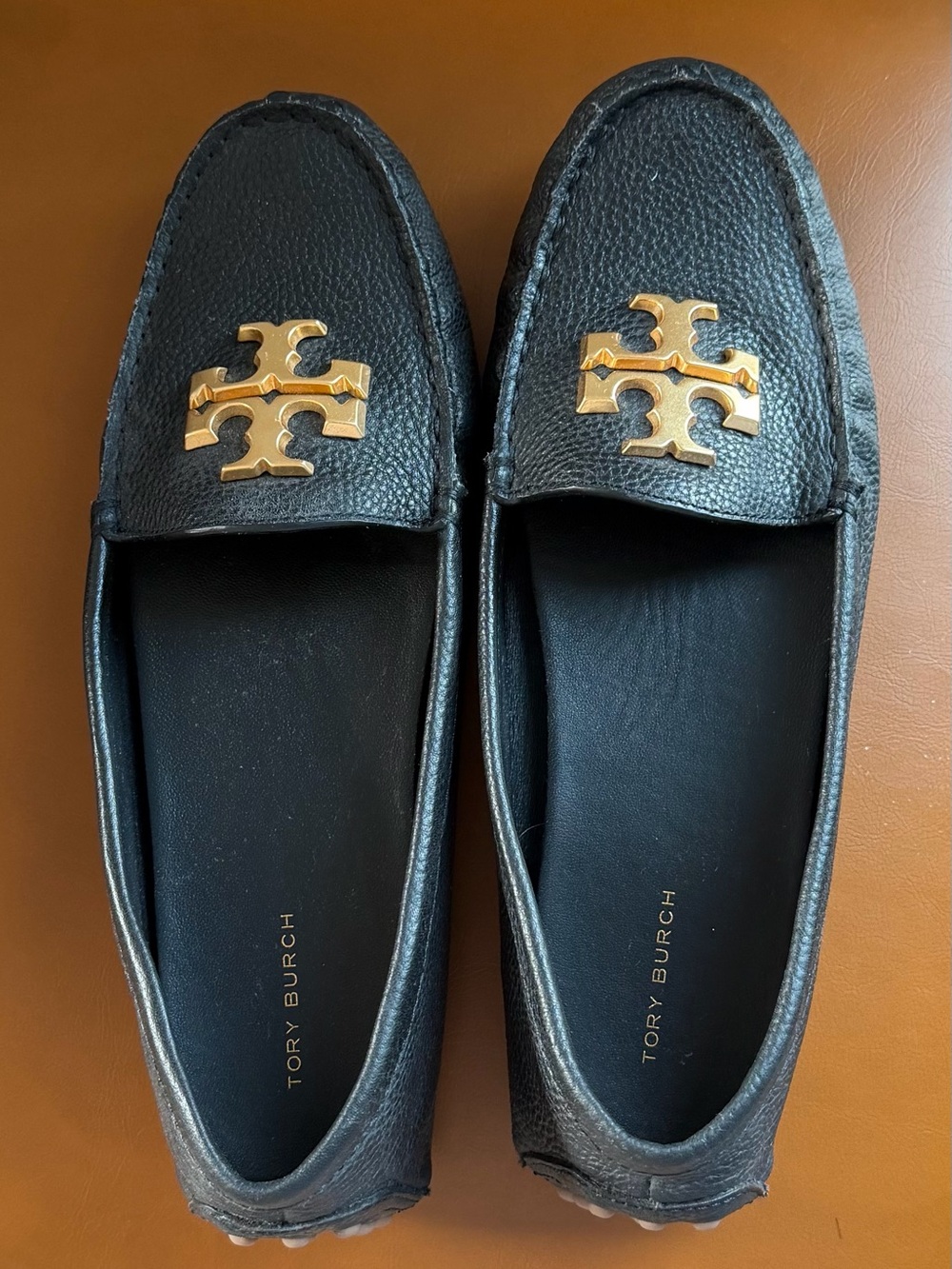 Tory Burch Women’s Black Leather Moccasin Loafers with Gold Logo